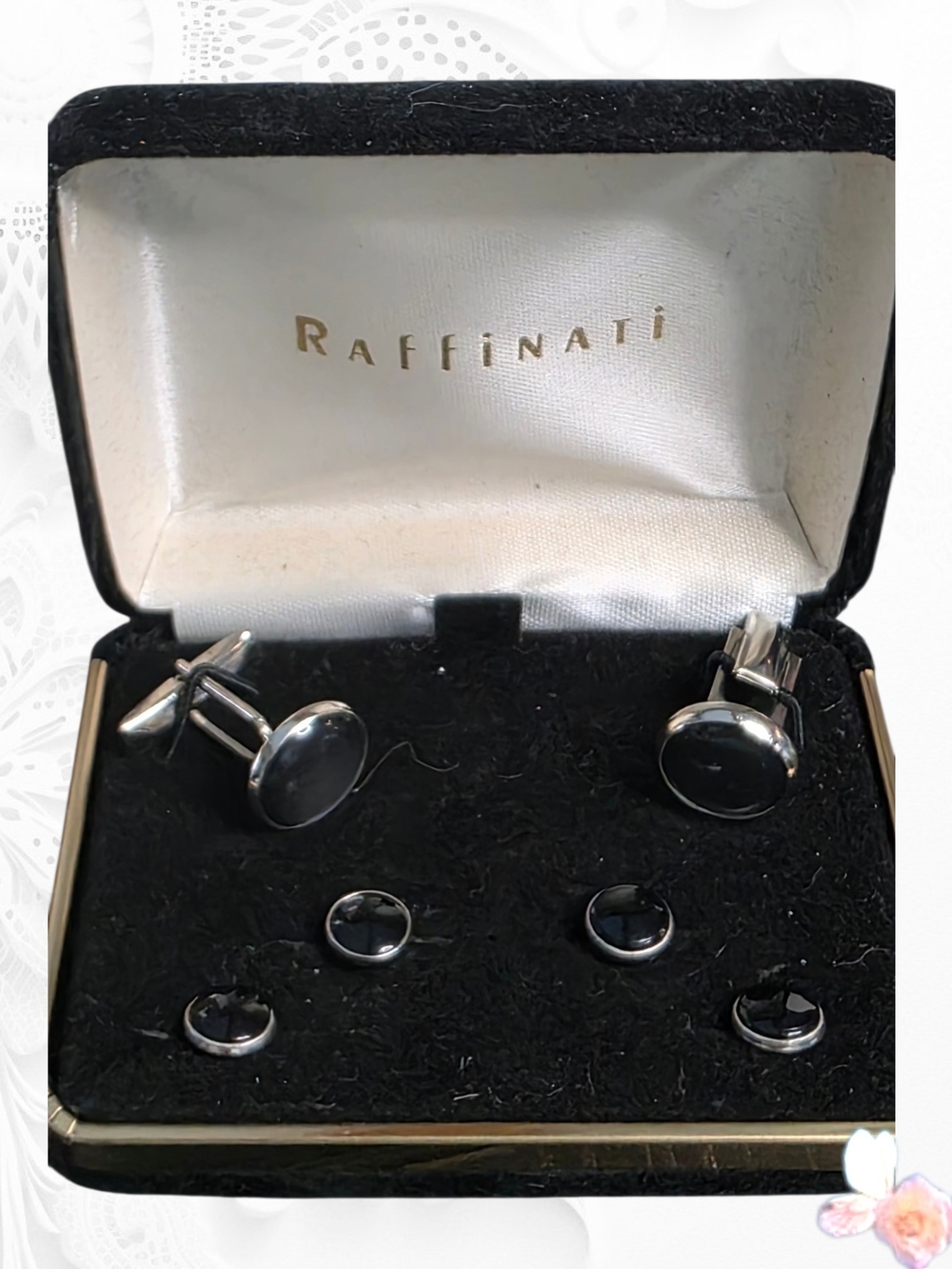 Raffinati Silver‑Tone Cufflink and Stud Set – Black Onyx Style – Vintage Formal 